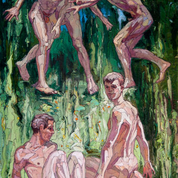 Painting titled "At the forest lake" by Sergey Sovkov, Original Artwork