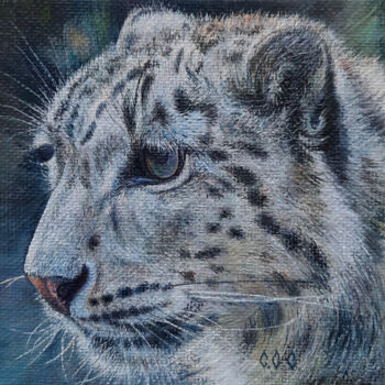 Painting titled "Snow leopard" in a…" by Sergey Suslov, Original Artwork, Oil Mounted on Cardboard