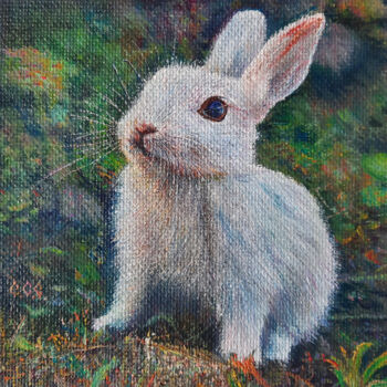 Painting titled "Rabbit in the meado…" by Sergey Suslov, Original Artwork, Oil Mounted on Cardboard
