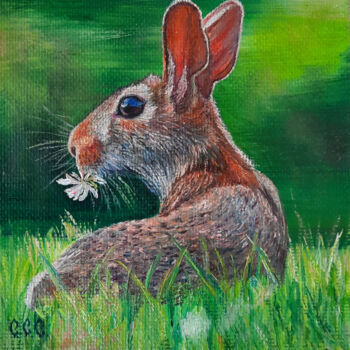 Painting titled "Bunny, easter" in a…" by Sergey Suslov, Original Artwork, Oil Mounted on Cardboard