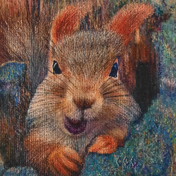 Painting titled "Squirrel" in a frame" by Sergey Suslov, Original Artwork, Oil Mounted on Cardboard