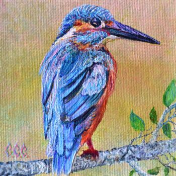 Painting titled "Kingfisher" in a fr…" by Sergey Suslov, Original Artwork, Oil Mounted on Cardboard