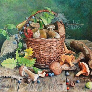 Painting titled "Mushrooms in a wick…" by Sergey Suslov, Original Artwork, Oil Mounted on Wood Stretcher frame