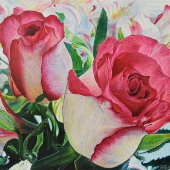 Painting titled "Roses for your belo…" by Sergey Suslov, Original Artwork, Oil Mounted on Wood Stretcher frame