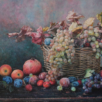 Painting titled "Fruit basket" by Sergey Suslov, Original Artwork, Oil Mounted on Wood Stretcher frame