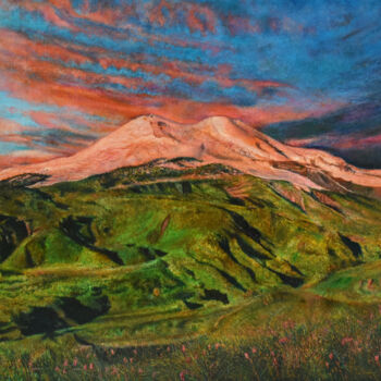 Painting titled "Evening Elbrus" by Sergey Suslov, Original Artwork, Oil Mounted on Wood Stretcher frame