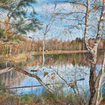 Painting titled "Lake in autumn" by Sergey Suslov, Original Artwork, Oil