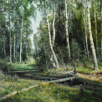 Painting titled "A stream in a birch…" by Sergey Suslov, Original Artwork, Oil Mounted on Wood Stretcher frame