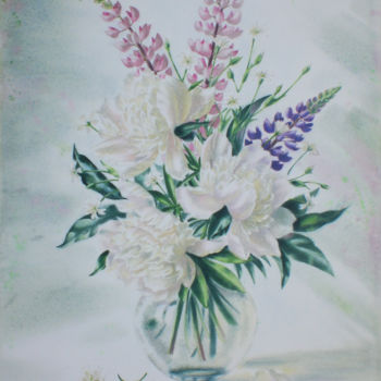 Painting titled "White peonies and l…" by Sergey Baybakov, Original Artwork, Watercolor