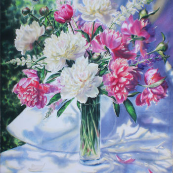 Painting titled "Peonies and the dam…" by Sergey Baybakov, Original Artwork, Watercolor