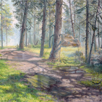 Painting titled "Morning Forest" by Sergey Lutsenko, Original Artwork, Oil