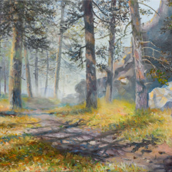 Painting titled "Warm Autumn" by Sergey Lutsenko, Original Artwork, Oil Mounted on Wood Stretcher frame