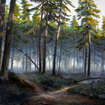 Painting titled "Forest Morning" by Sergey Lutsenko, Original Artwork, Oil Mounted on Wood Stretcher frame