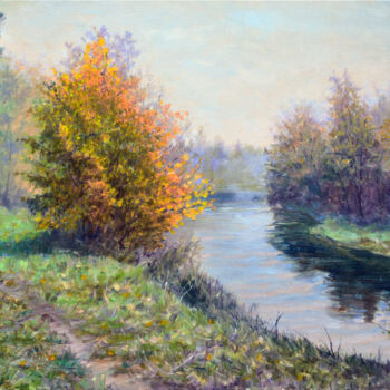 Painting titled "Autumn Silence" by Sergey Lutsenko, Original Artwork, Oil Mounted on Wood Stretcher frame