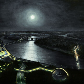 Painting titled "Kiev Summer Night" by Sergey Lutsenko, Original Artwork, Oil Mounted on Wood Stretcher frame