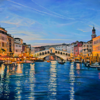 Painting titled "Evening in Venice" by Sergey Lutsenko, Original Artwork, Oil Mounted on Wood Stretcher frame