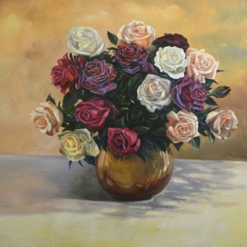 Painting titled "Roses" by Sergey Lutsenko, Original Artwork, Oil Mounted on Wood Stretcher frame