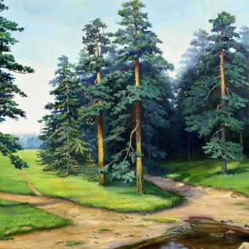 Painting titled "Pine trees." by Sergey Lutsenko, Original Artwork, Oil Mounted on Wood Stretcher frame