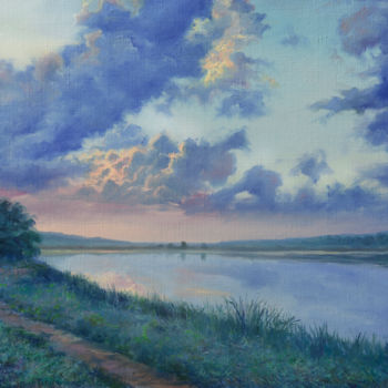 Painting titled "Next to the lake" by Sergey Lutsenko, Original Artwork, Oil Mounted on Wood Stretcher frame