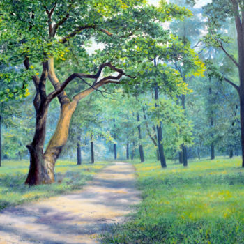 Painting titled "In the park." by Sergey Lutsenko, Original Artwork, Oil Mounted on Wood Stretcher frame