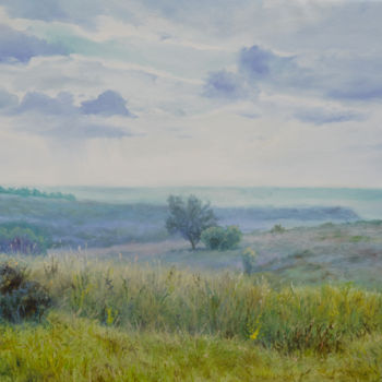 Painting titled "Fields" by Sergey Lutsenko, Original Artwork, Oil Mounted on Wood Stretcher frame