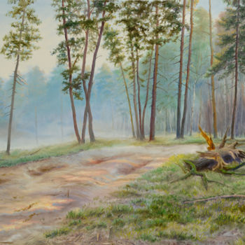 Painting titled "A road in the pine…" by Sergey Lutsenko, Original Artwork, Oil Mounted on Wood Stretcher frame