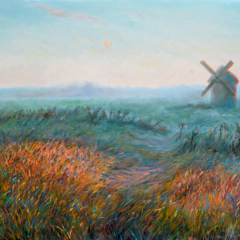 Painting titled "Old mill" by Sergey Lutsenko, Original Artwork, Oil Mounted on Wood Stretcher frame