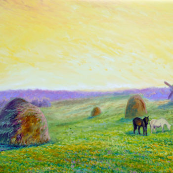 Malarstwo zatytułowany „Haystacks” autorstwa Sergey Lutsenko, Oryginalna praca, Olej Zamontowany na Drewniana rama noszy