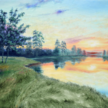 Painting titled "Summer Evening.." by Sergey Lutsenko, Original Artwork, Oil Mounted on Wood Stretcher frame