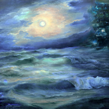 Painting titled "Moonlight" by Sergey Lutsenko, Original Artwork, Oil Mounted on Wood Stretcher frame