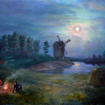 Painting titled "Near the fire" by Sergey Lutsenko, Original Artwork, Oil Mounted on Wood Stretcher frame