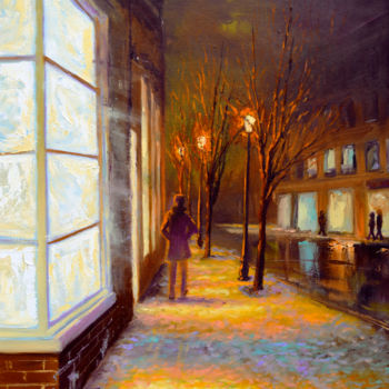 Painting titled "Winter streets" by Sergey Lutsenko, Original Artwork, Oil Mounted on Wood Stretcher frame