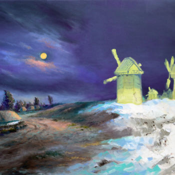Painting titled "Moon snow" by Sergey Lutsenko, Original Artwork, Oil Mounted on Wood Stretcher frame