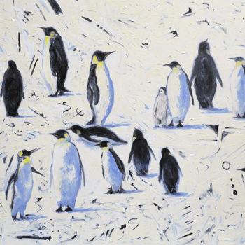 Peinture intitulée "13 penguins" par Sergey Lutsenko, Œuvre d'art originale, Huile Monté sur Châssis en bois