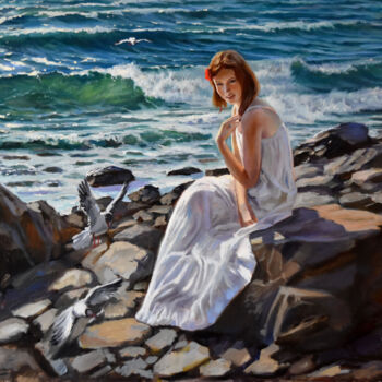 Painting titled "On the sea beach" by Serghei Ghetiu, Original Artwork, Oil Mounted on Wood Stretcher frame
