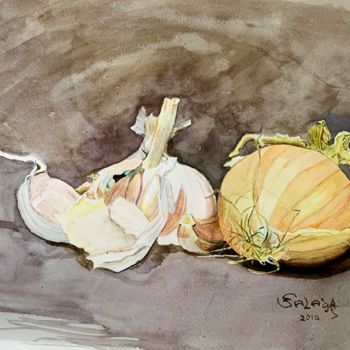 Peinture intitulée "Garlic and onion" par Sergii Selega, Œuvre d'art originale, Aquarelle