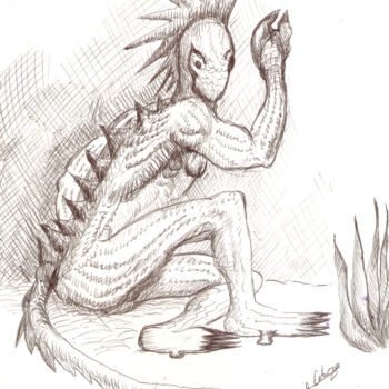 Drawing titled "Un ser reptiliano" by Sergio Cabeza, Original Artwork, Ballpoint pen