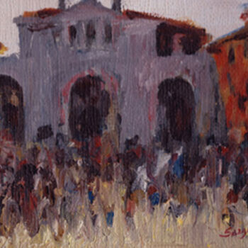 Painting titled "Movimento in Piazza…" by Sergio Carcereri, Original Artwork, Oil