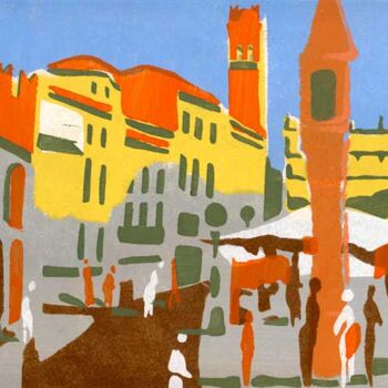 Painting titled "Piazza Erbe a Verona" by Sergio Carcereri, Original Artwork, Tempera