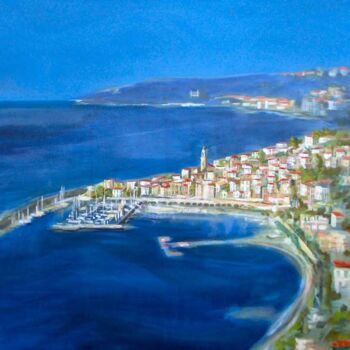 Painting titled "Menton dall' Alto" by Sergio Carcereri, Original Artwork, Oil Mounted on Wood Stretcher frame