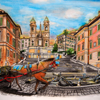 Peinture intitulée "Piazza di Spagna" par Sergio Lanna (Sir Joe), Œuvre d'art originale, Aquarelle