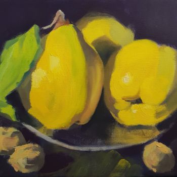 Painting titled "Quinces" by Sergiu Moise, Original Artwork, Oil Mounted on Wood Stretcher frame