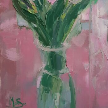 Painting titled "Tulips in a vase" by Sergiu Moise, Original Artwork, Oil Mounted on Wood Stretcher frame