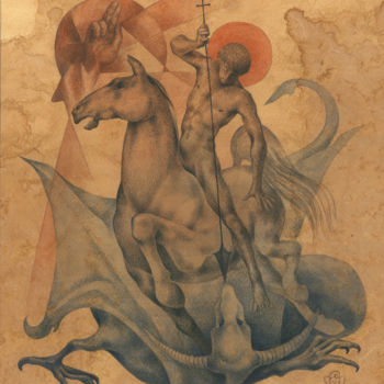 Painting titled "St.George" by Serg Louki, Original Artwork, Watercolor Mounted on Cardboard