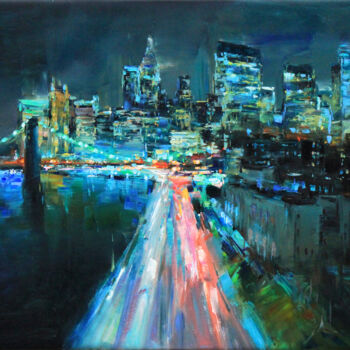 Картина под названием "Night in New York" - Serhii Cherniakovskyi, Подлинное произведение искусства, Масло Установлен на Дер…