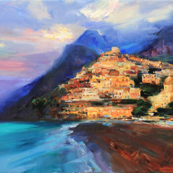 Painting titled "Amalfi Coast" by Serhii Cherniakovskyi, Original Artwork, Oil Mounted on Wood Stretcher frame