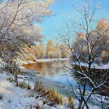 Painting titled "Winter Day by the R…" by Serhii Kapran, Original Artwork, Oil