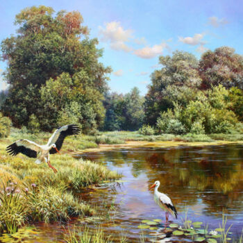 Painting titled "Storks on the Lake" by Serhii Kapran, Original Artwork, Oil