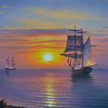 Painting titled "Dawn over the sea." by Serhii Stoev, Original Artwork, Oil