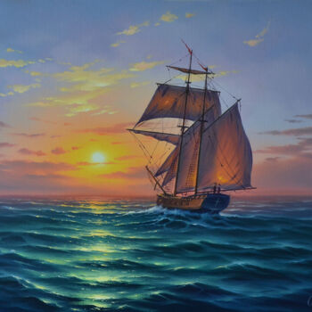 Painting titled "Sunrise over the sea" by Serhii Stoev, Original Artwork, Oil